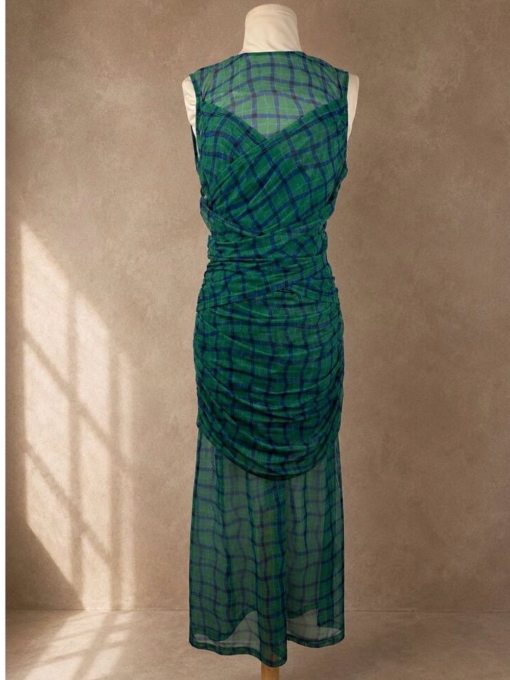 Simon Miller Kinny Ruched Plaid Mesh Midi Dress Anthropologie Green Blue- Size L - Picture 5 of 13